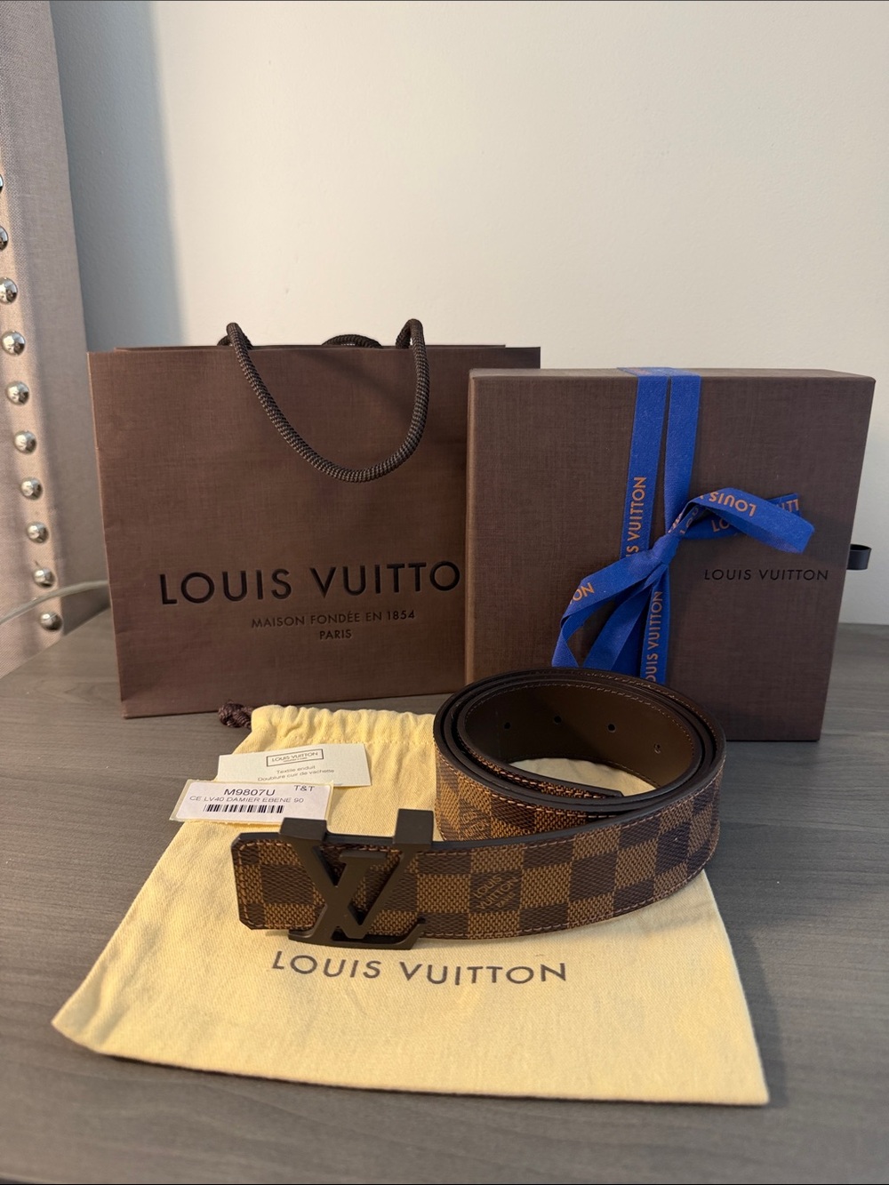 Louis Vuitton Brown Damier Belt with LV monogram Buckle